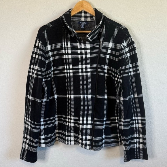 Chaps Black & White Grid Pattern Plaid Long Sleeve Knit Zip Up Jacket Blazer XXL - Picture 3 of 13
